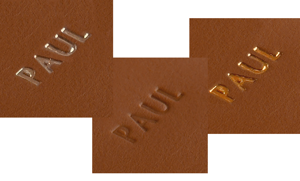 Make your accessory one of a kind with our exclusive embossing service. Every emboss is hand-embossed using a hot press machine and brass blocking dies to guarantee the best results. There is a choice to emboss in gold, silver or blind, which is without foil. Most of the products can be personalized and the selection is done when ordering a product.